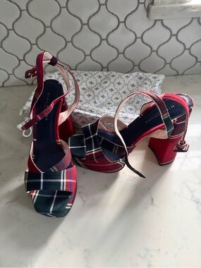 Hill House Red and Navy Plaid Platform Block Heels